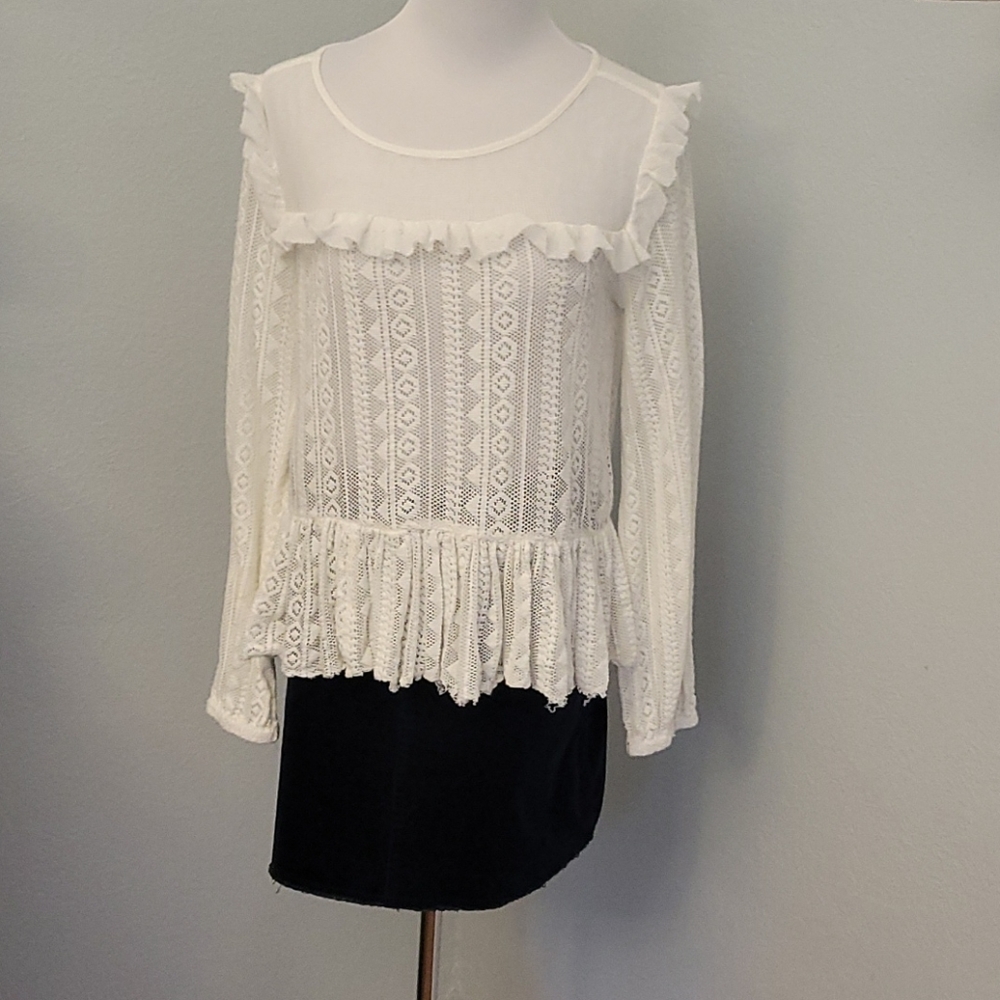 SHEER LACE RUFFLED LONG SLEEVE BLOUSE